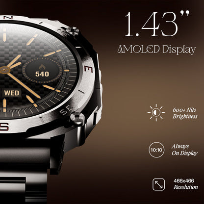 boAt Enigma X500  Smartwatch with 1.43 3.63 cm AMOLED Round Display BT Calling 100 Watch Faces 100 Sports Modes