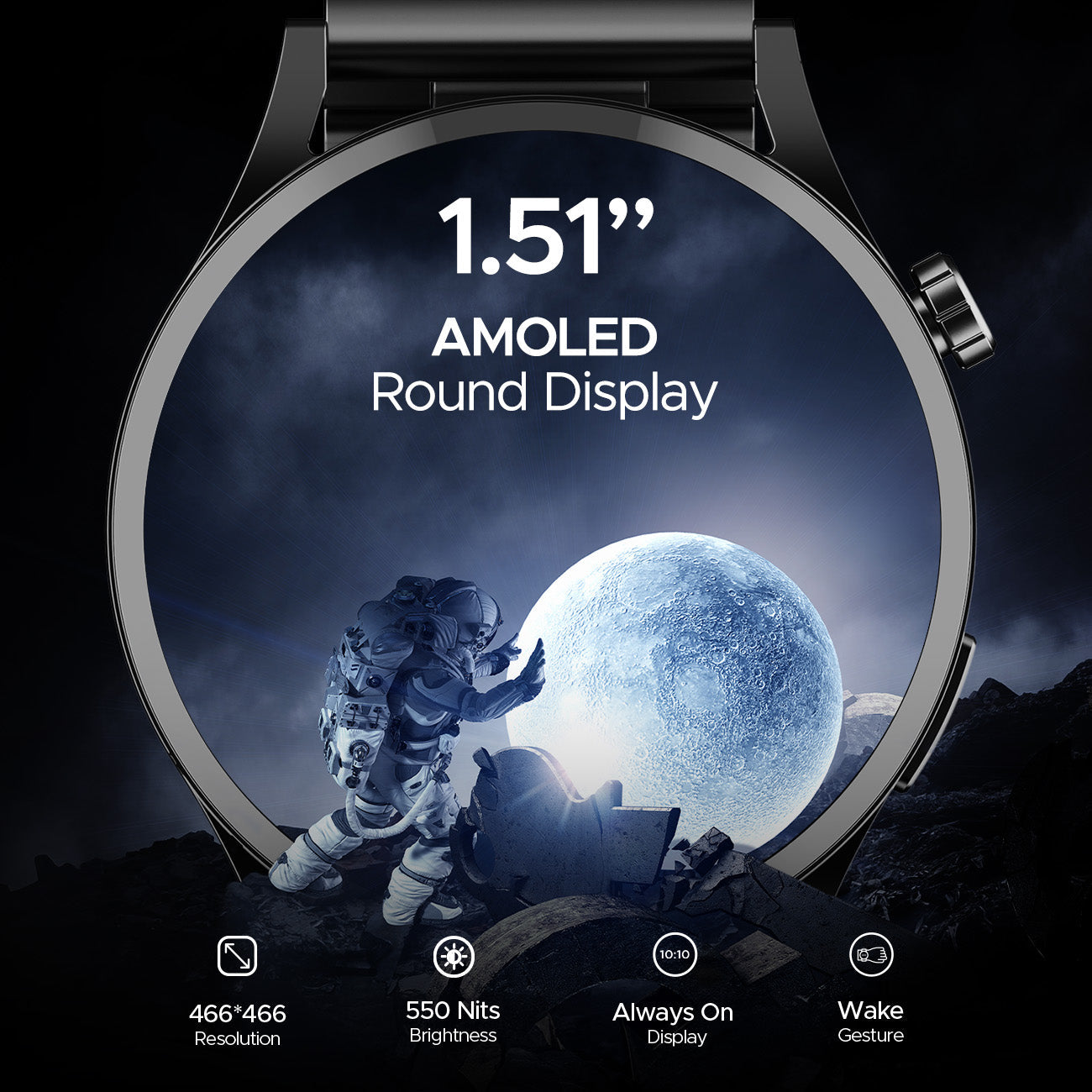 boAt Lunar Embrace  Smartwatch with 1.51 3.83 cms round AMOLED Display Functional Crown 100 Sports Modes IP68 rating