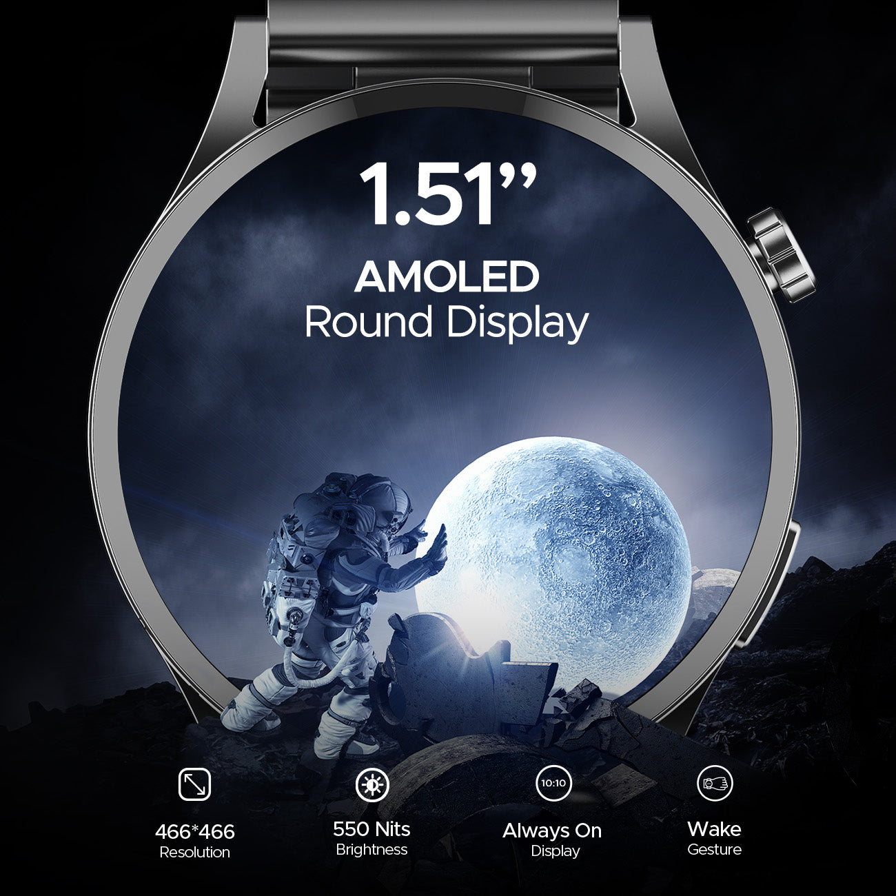 boAt Lunar Embrace  Smartwatch with 1.51 3.83 cms round AMOLED Display Functional Crown 100 Sports Modes IP68 rating