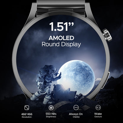 boAt Lunar Embrace  Smartwatch with 1.51 3.83 cms round AMOLED Display Functional Crown 100 Sports Modes IP68 rating