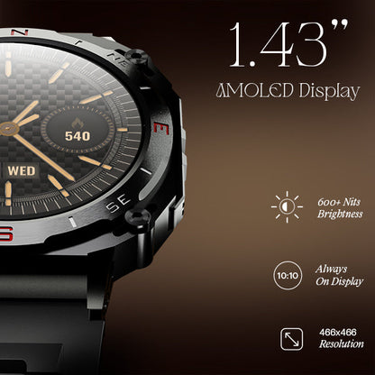 boAt Enigma X500  Smartwatch with 1.43 3.63 cm AMOLED Round Display BT Calling 100 Watch Faces 100 Sports Modes