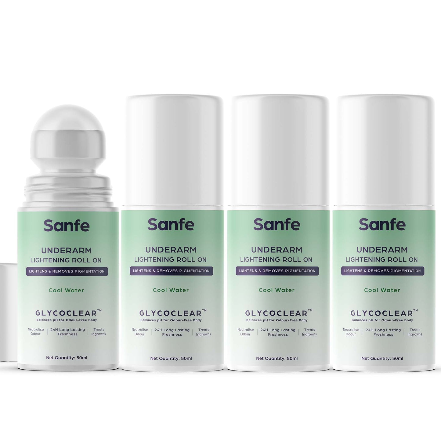 Sanfe Underarm Lightening Roll On for Women, removes pigmentation, treats ingrowns, 24-hour freshness, deodorant, pack of 4, 200ml.