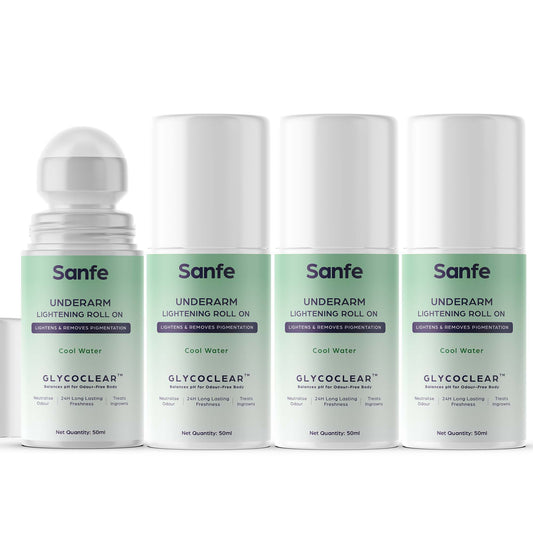 Sanfe Underarm Lightening Roll On for Women, removes pigmentation, treats ingrowns, 24-hour freshness, deodorant, pack of 4, 200ml.