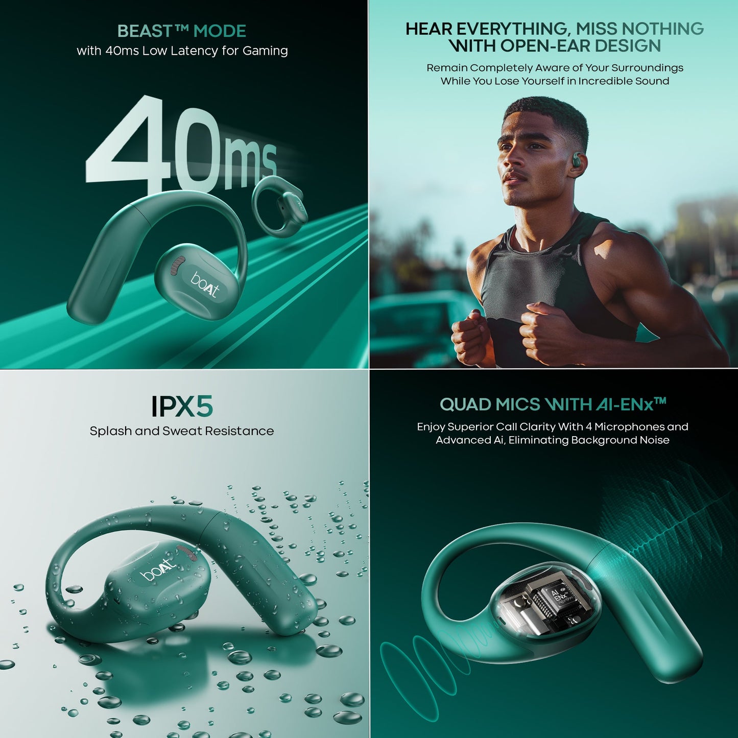 boAt Airdopes ProGear  Wireless Earbuds with 100 Hours Playback Quad Mics with ENx Tech Air Conduction Tech Perfect for Outdoor Sports