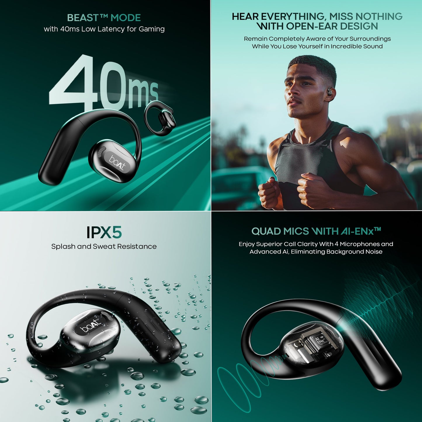 boAt Airdopes ProGear  Wireless Earbuds with 100 Hours Playback Quad Mics with ENx Tech Air Conduction Tech Perfect for Outdoor Sports