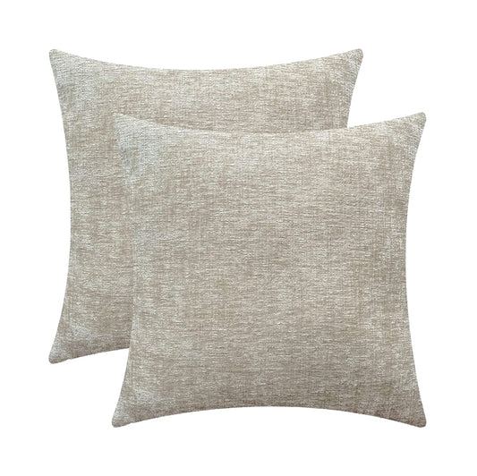 Chenille Throw Pillow Covers 18x18, Set of 2, Neutral Cream, Invisible Zipper by Lushomes