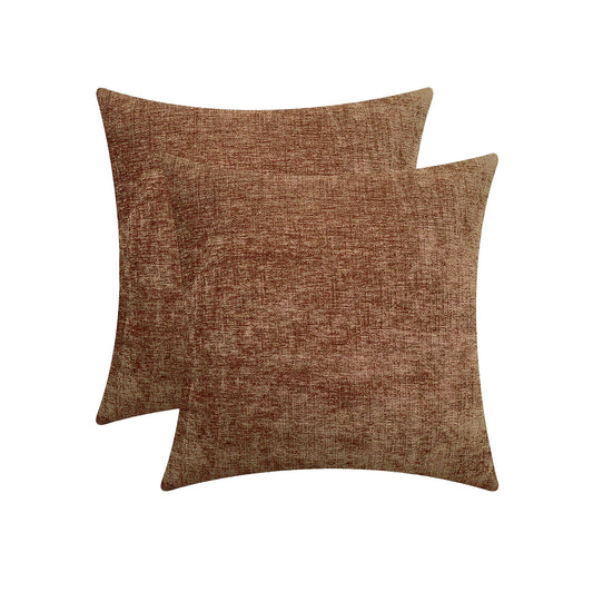 Chenille Throw Pillow Covers 18x18, Set of 2, Knife Edge, Invisible Zipper, Neutral Brown by Lushomes.