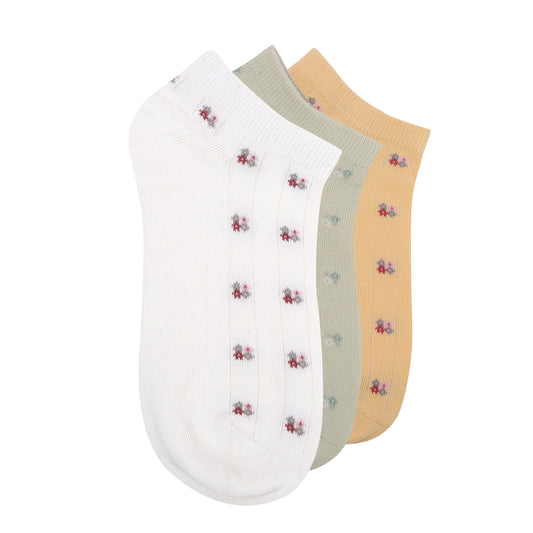 Womens Essentials Floral Motifs Low-Cut Socks  White Fawn Green  Pack of 3