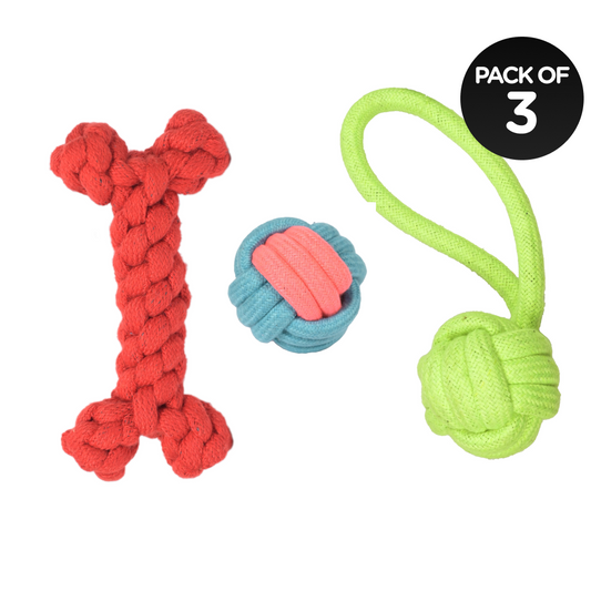 SKATRS Ball Bone Shaped and Knotted Ball with Handel 3 in 1 Combo Rope Chew Toy for Dogs and Cats