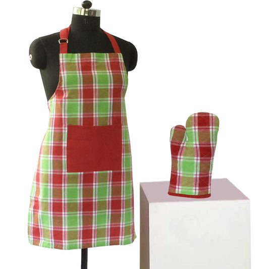 Lushomes Checks Red & Green Kitchen Apron Set for Women, 2 Pc Set with Oven Glove (17x32 cm) & Apron (60x80 cm)