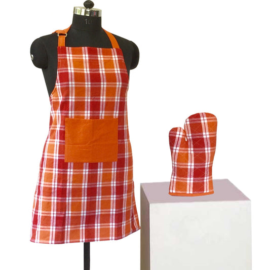 Lushomes Red & Orange Kitchen Apron Set for Women, 2 Pc: Apron 60x80 cm, Oven Glove 17x32 cm.