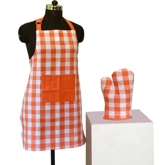 Lushomes Orange Kitchen Apron Set for Women: 2 Pc Set, Oven Glove 17x32 cm, Apron 60x80 cm.