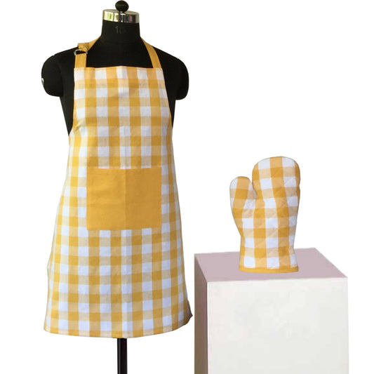 Lushomes Yellow Kitchen Apron Set for Women: 2 Pc Set, Oven Glove 17x32 cm, Apron 60x80 cm.