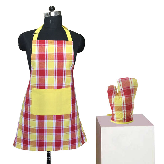 Lushomes Red & Yellow Kitchen Apron Set for Women, 2 Pc with Oven Glove (17x32 cm) & Apron (60x80 cm).