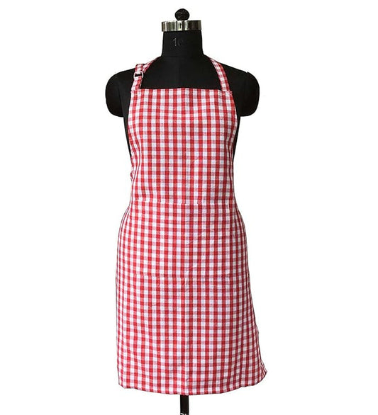 Lushomes Red Cotton Apron for Men & Women, Adjustable Buckle, Size 64x81 cm, Checks Pattern.