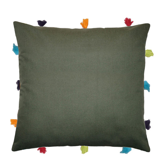 Lushomes cushion cover 12x12 boho cushion covers sofa pillow cover cushion covers with tassels cushion cover with pom pom 12x12 Inches Set of 1 Olive Green