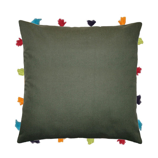 Lushomes cushion cover 14x14 boho cushion covers sofa pillow cover cushion covers with tassels cushion cover with pom pom 14x14 Inches Set of 1 Olive Green