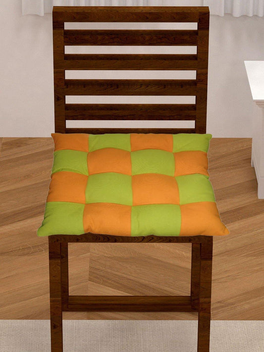 Lushomes Orange-Green Reversible Chair Pad, 15"x15", Cotton, 9 Knots, 1 Pc, for Car or Dining Chair.