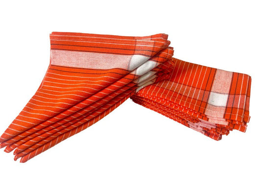 Set of 12 Orange Stripe 18x18 Inch Cotton Kitchen Towels, Napkins, Roti Wraps, and Dusters. Machine Washable.