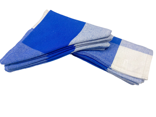 Set of 12 Blue Checked & Stripe Cotton Kitchen Towels, Napkins, Roti Wraps, Dusters, 18x18 Inch, Machine Washable.