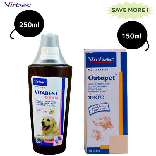 Virbac Ostopet Calcium Supplement Syrup 150ml and Vitabest Derm Omega 3  6 Syrup for Dogs  Cats 250ml Combo