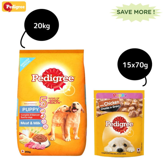 Pedigree Meat  Milk Dry and Chicken Chunks in Gravy Wet Puppy Food Combo