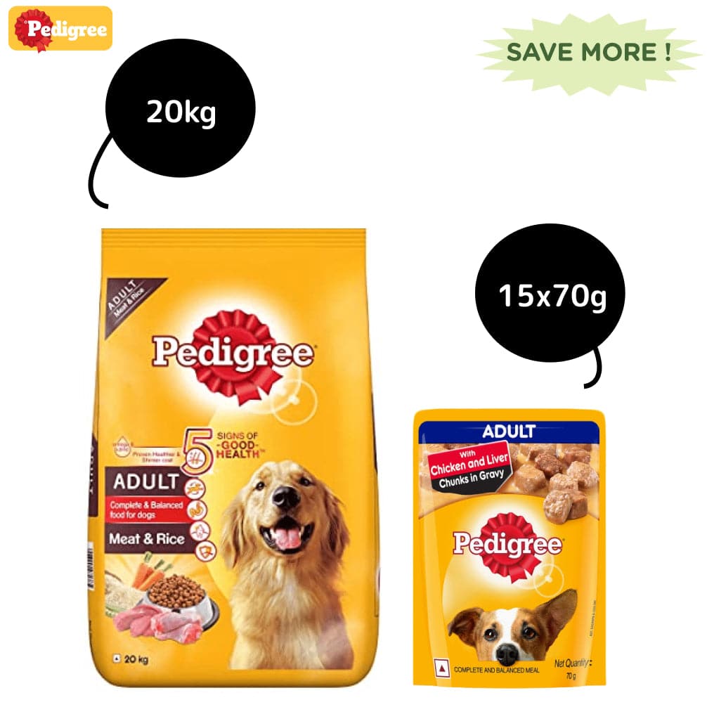 Pedigree Meat  Rice Dry and Chicken and Liver Chunks in Gravy Wet Adult Dog Food Combo