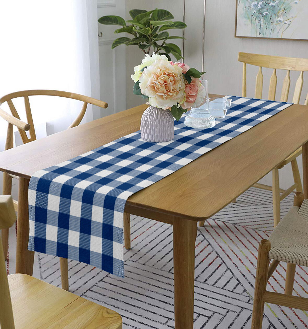 Lushomes Royal Blue Buffalo Checks Table Runner, 13x72 inches, for 6-seater dining table.