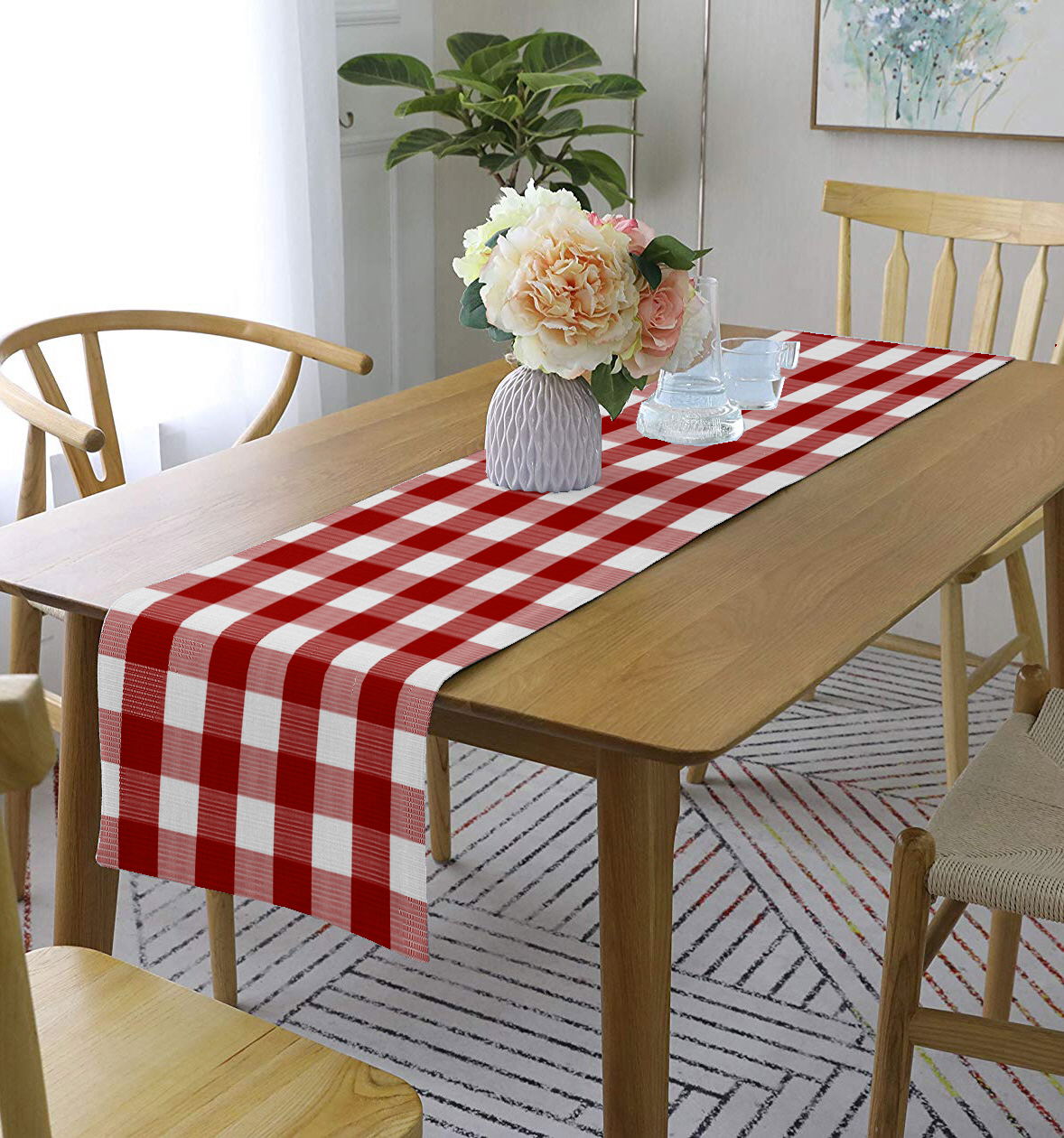 Lushomes Red Buffalo Checks Crochet Table Runner, 13x72 inches, for 6-seater dining table.