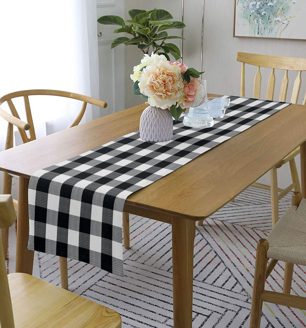 Lushomes Buffalo Checks Black Crochet Table Runner, 13x72 inches, for 6-seater dining table.