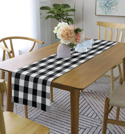 Lushomes Buffalo Checks Black Crochet Table Runner, 13x72 inches, for 6-seater dining table.