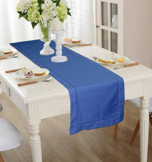 Blue Cotton Table Runner with Ladder Lace, 30x180 cm, for 6-seater dining table or coffee table.