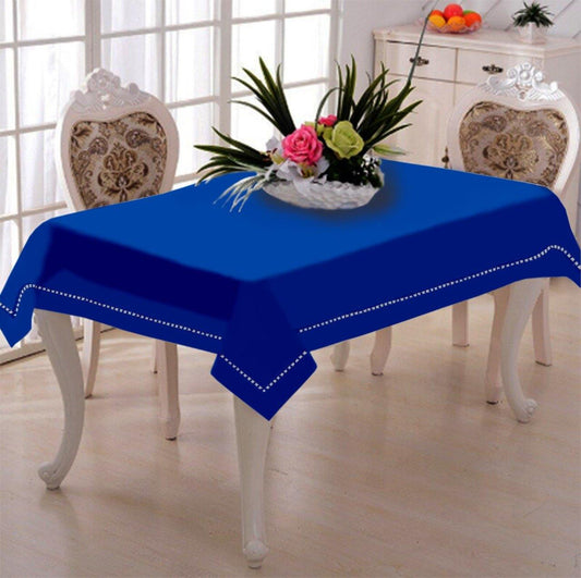 Lushomes Blue Linen Side Table Cover with Modern Border, 40x40 Inches, Single Pc.