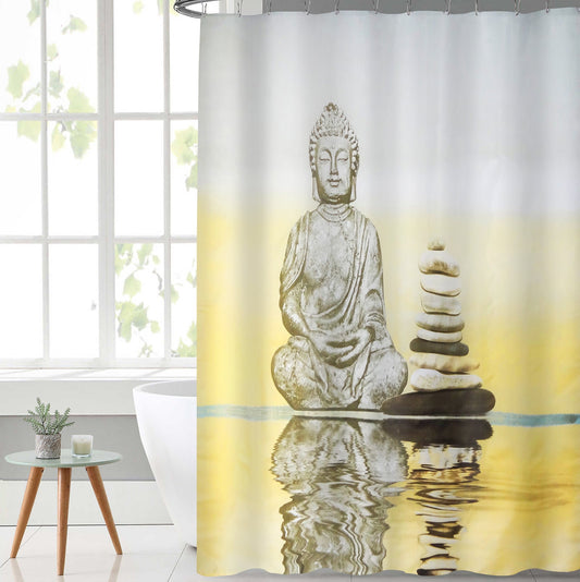 Lushomes Buddha Printed Polyester Shower Curtain 6x6.5 ft, waterproof, 12 eyelets & hooks, non-PVC, for washroom/balcony.