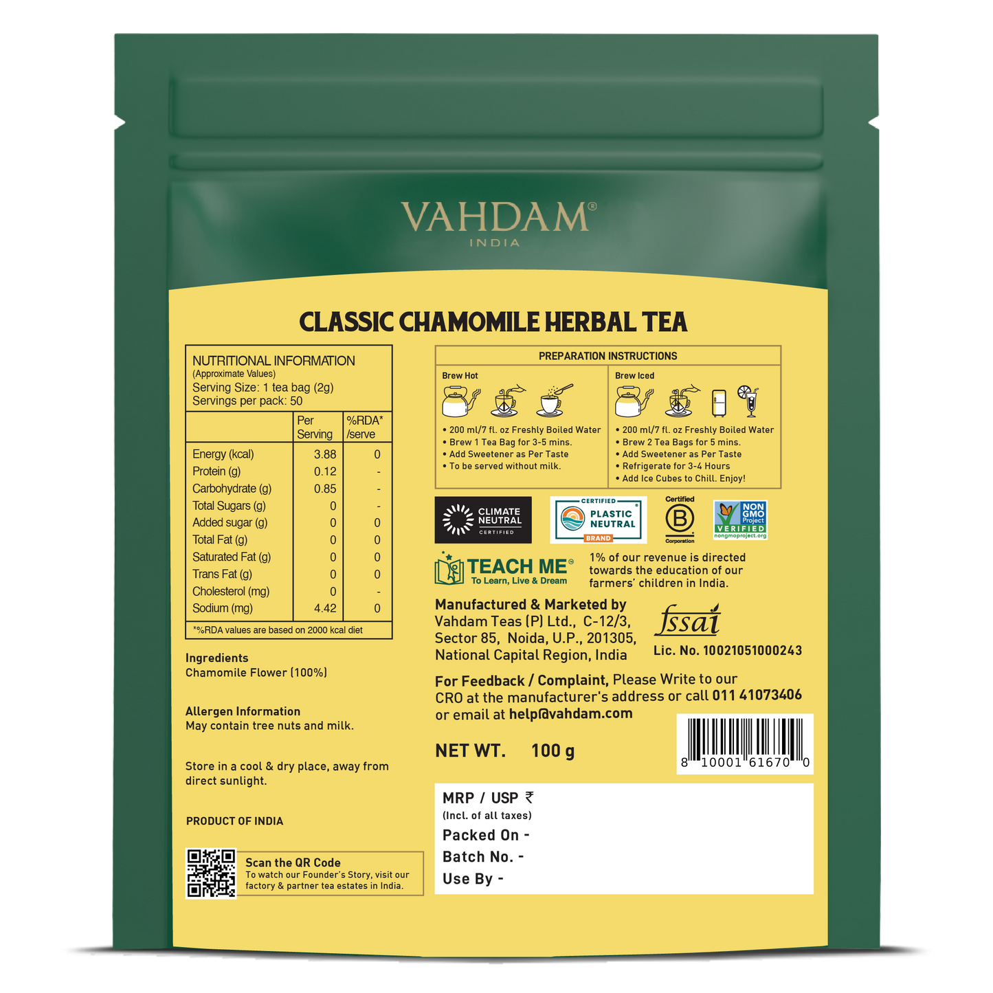 Classic Chamomile Herbal Tea Tisane 50 Count