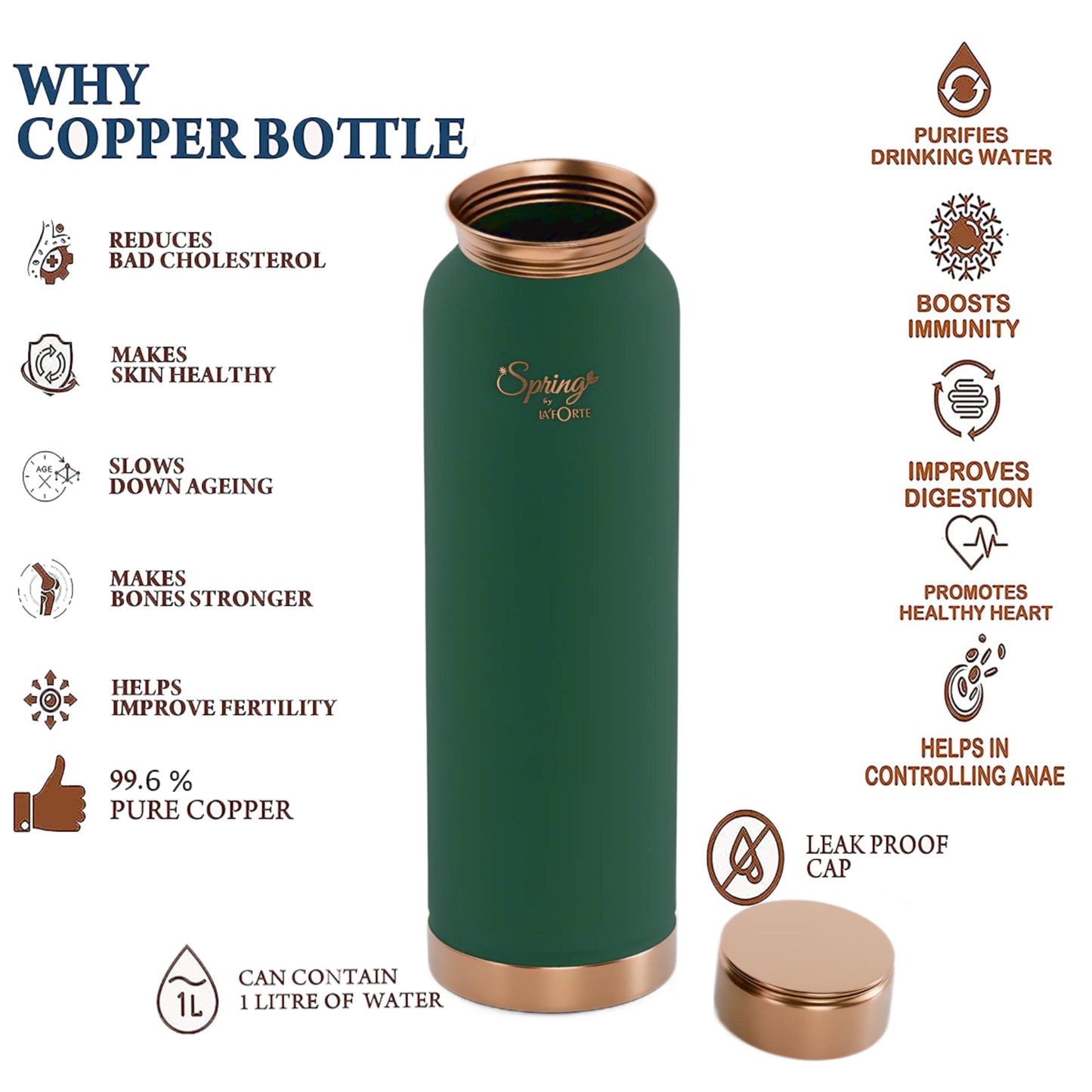 LAFORTE Copper Water Bottle Pure 1000 ml Sea Green