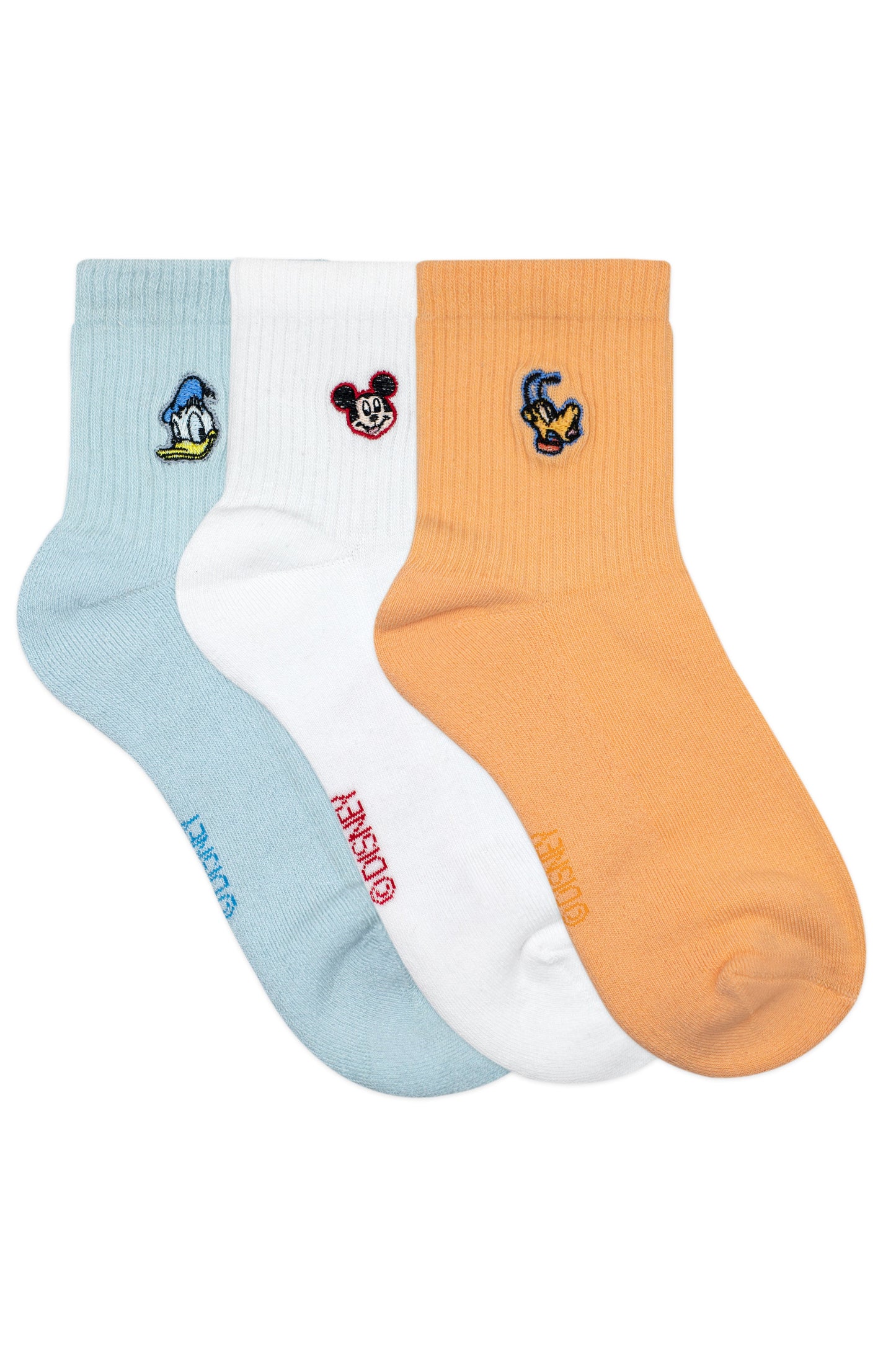 Balenzia x Disney Mickey Donald  Pluto Embroidered Half Cushioned High Ankle Socks for Women Pack of 3 Pairs1UFree Size OrangeWhite  Blue