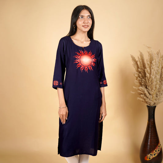 Sun Pattern Long Navy Blue Kurti for Women