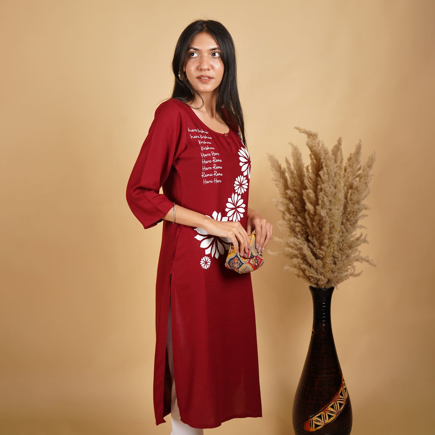 Hare Krishna Hare Ram Long Kurti for Women Maroon