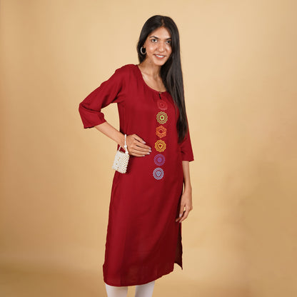 Chakra Pattern Long Kurti for Women Maroon