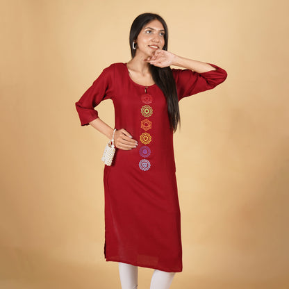 Chakra Pattern Long Kurti for Women Maroon