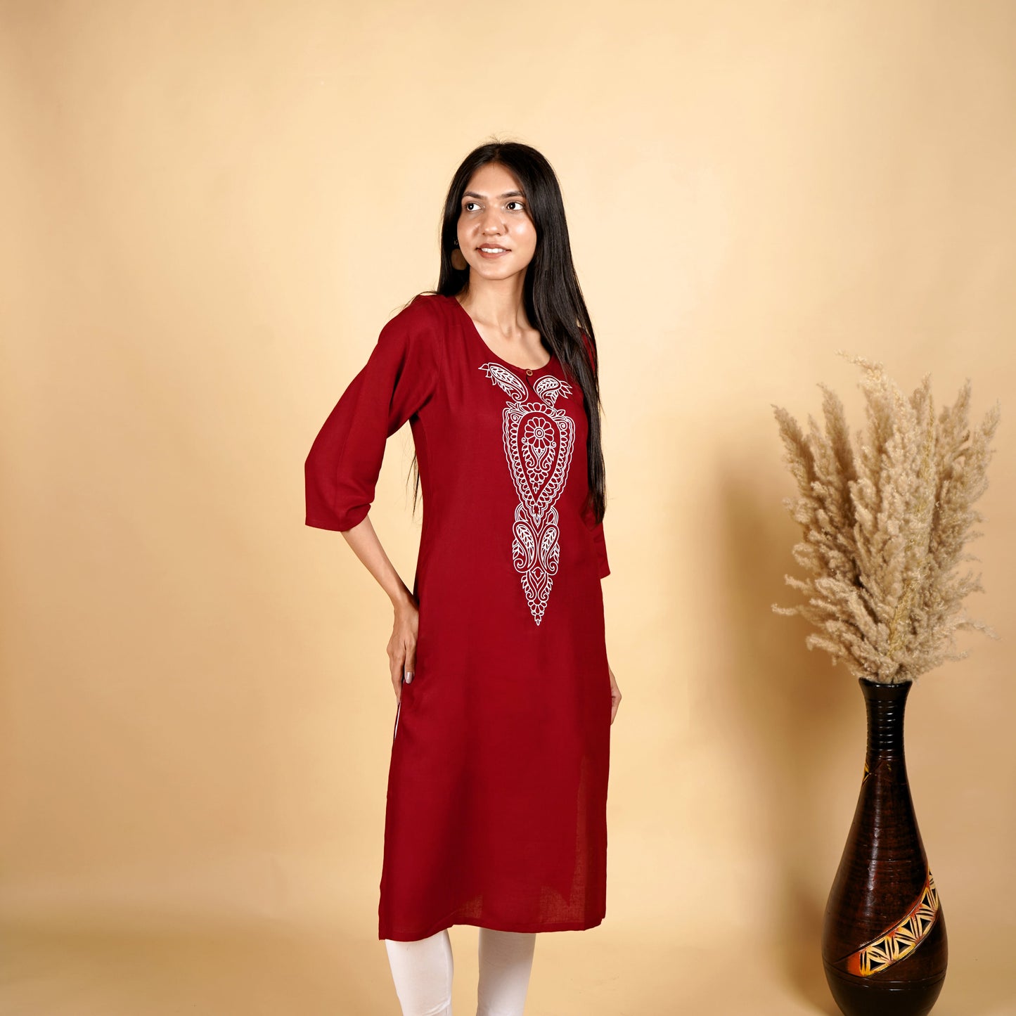 Floral Pattern Maroon Long Kurti for Women