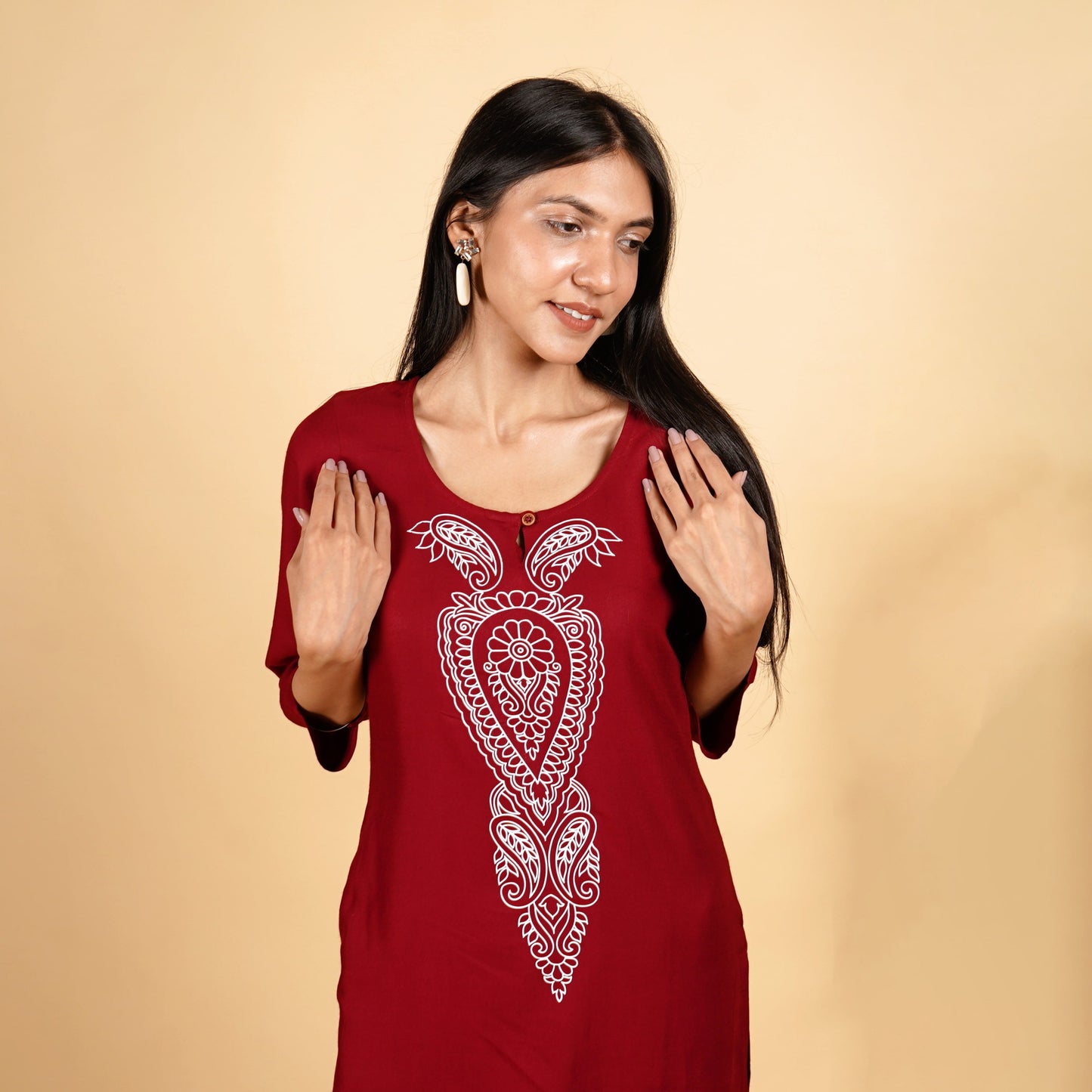 Floral Pattern Maroon Long Kurti for Women