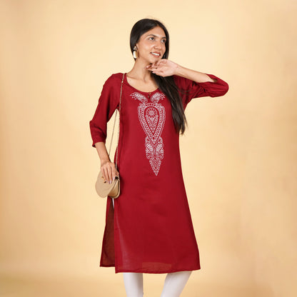 Floral Pattern Maroon Long Kurti for Women