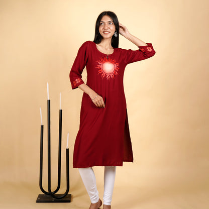 Sun Pattern Long Marron Kurti for Women