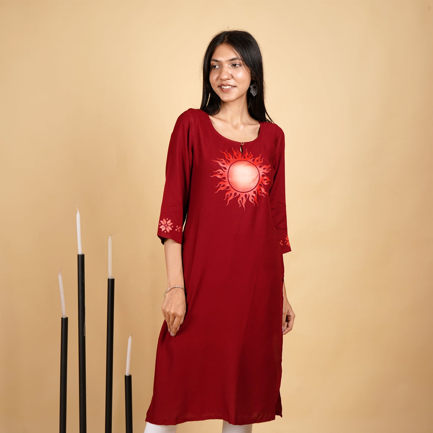 Sun Pattern Long Marron Kurti for Women