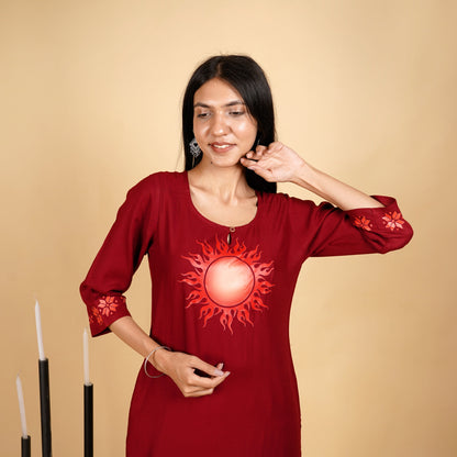 Sun Pattern Long Marron Kurti for Women