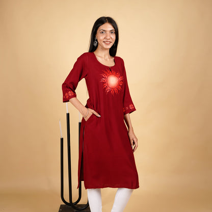 Sun Pattern Long Marron Kurti for Women