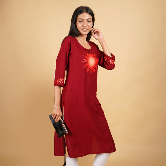 Sun Pattern Long Marron Kurti for Women