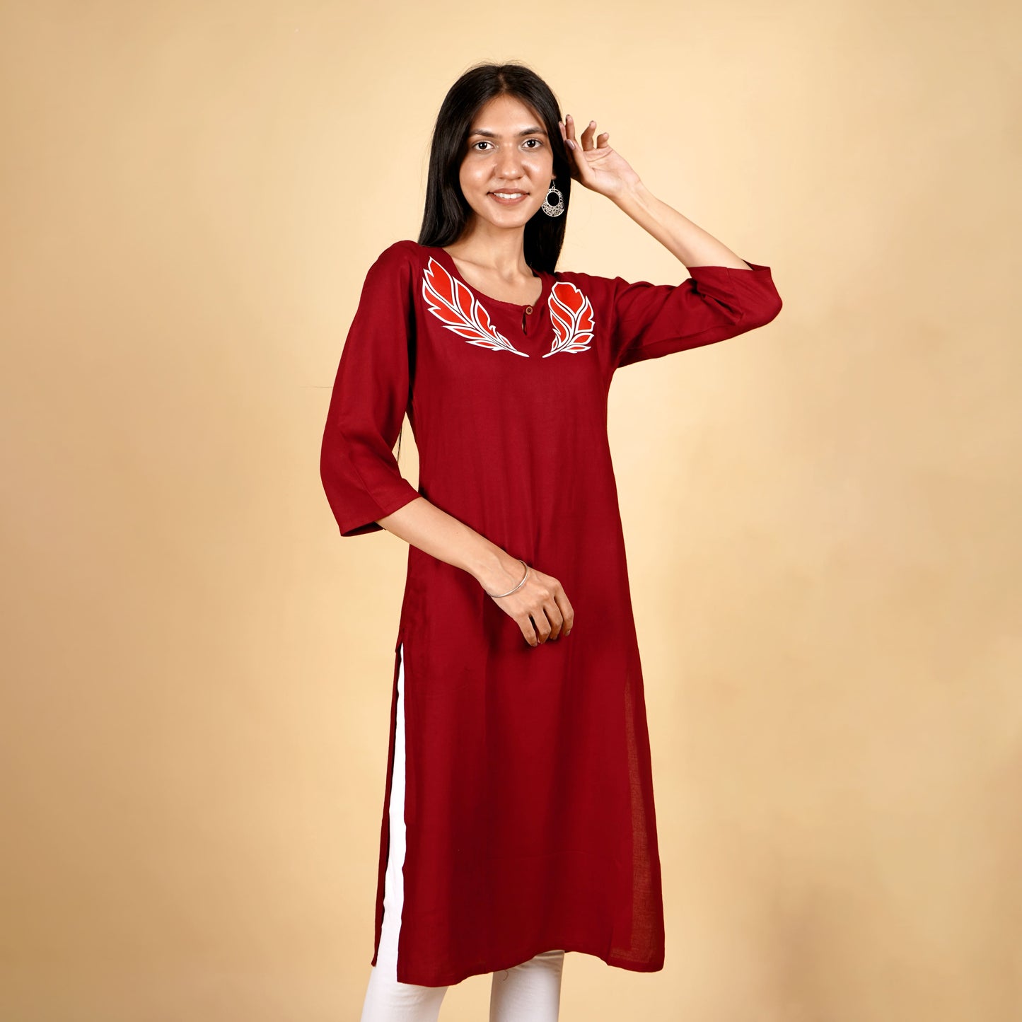 Fringe Feather Pattern Long Kurti for Women